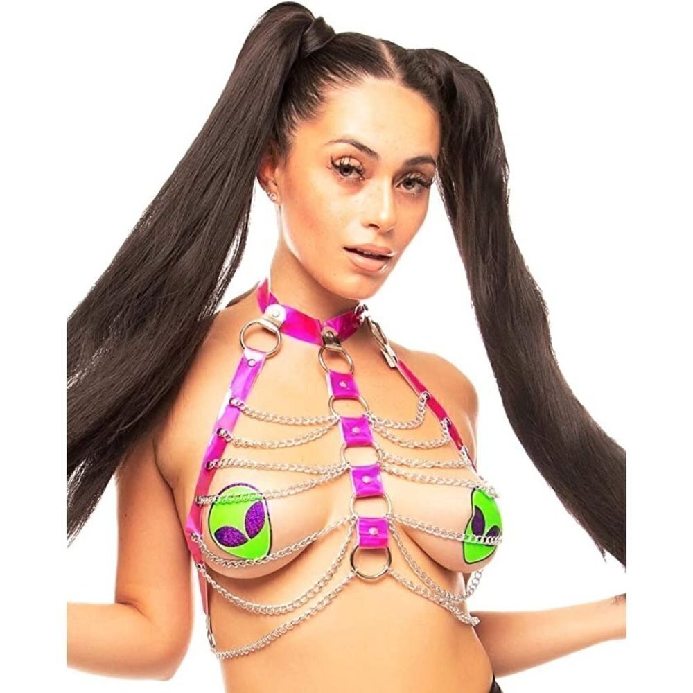 Pink Hologram Body Chest Harness Cage Bra Choker Chain Costume Pasties Festival